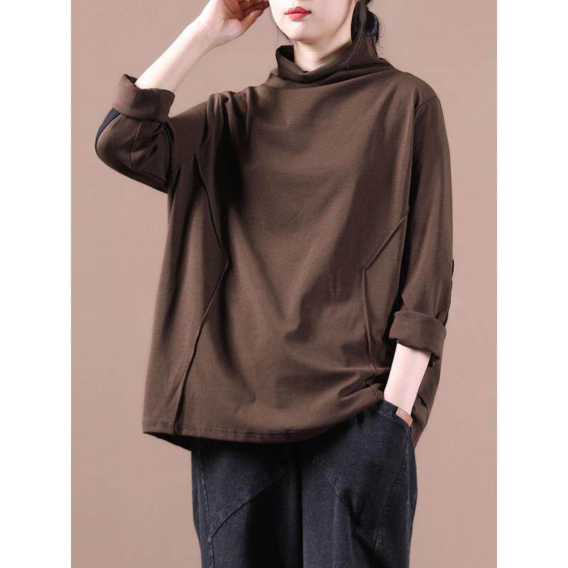 香港纯棉秋季新款加大码女装遮肉宽松半高领打底衫长袖T恤上衣女