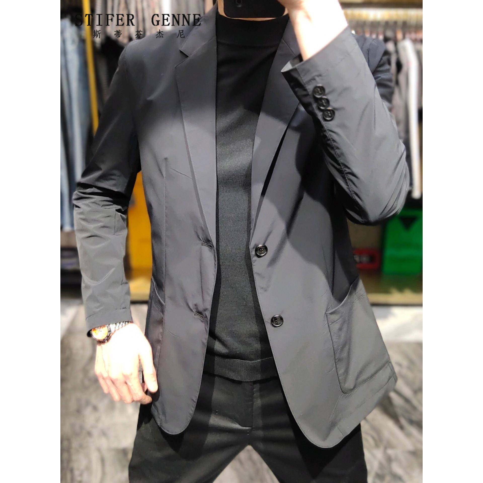 斯蒂芬黑色弹力西装外套男春秋季新款高级感商务休闲百搭男士西服