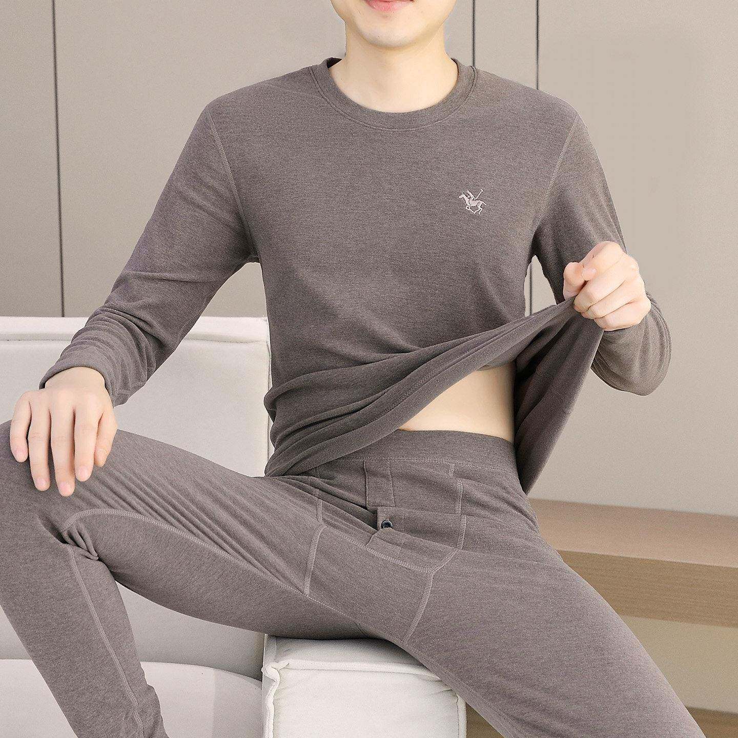 MAROLIO~高端刺绣德绒保暖内衣男秋冬季加绒薄款男士秋衣秋裤套装