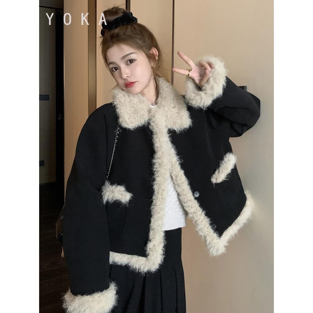 羊羔毛拼接外套女秋冬季2025新款小香风加厚羽绒内胆短款毛呢上衣