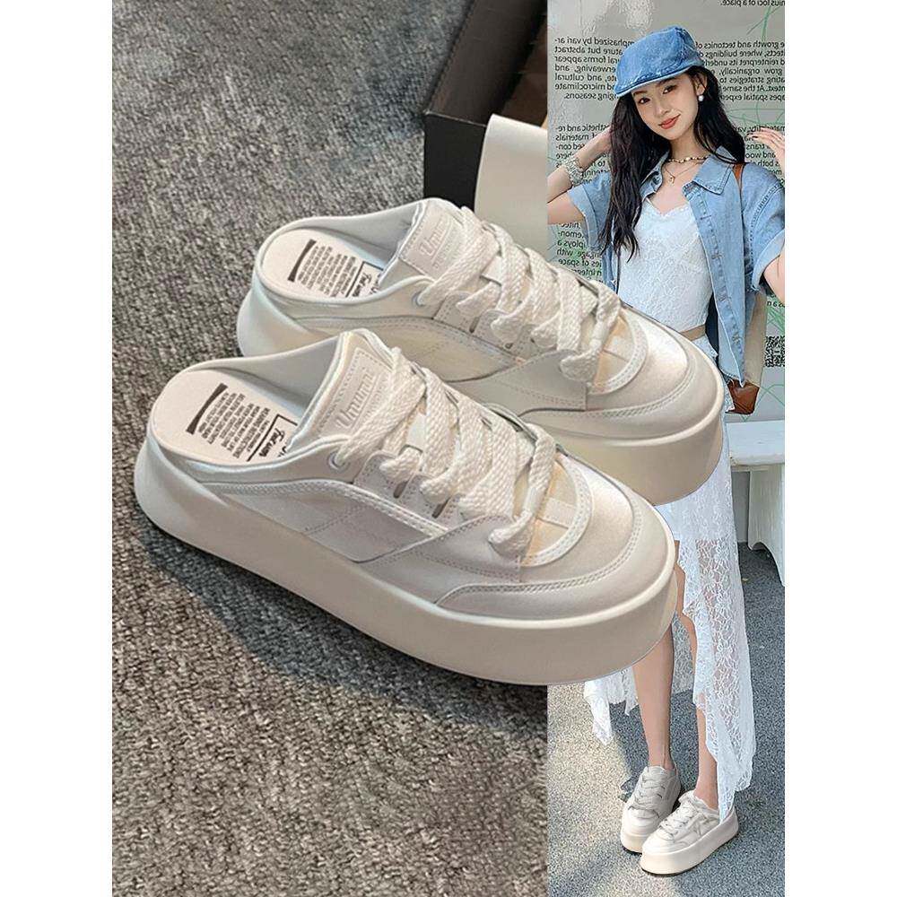 香港真皮厚底包头女士半拖鞋2025春季外穿软底可爱大脚趾面包鞋