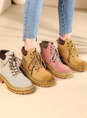 真皮厚底马丁靴女英伦风2025年春秋新款大黄靴子皮毛一体加绒短靴