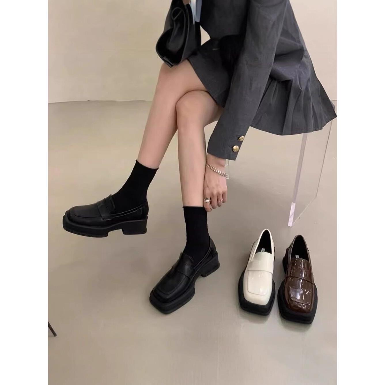 冰岛加热器~Itsk Loafers女士厚底小黑方头英式小皮鞋