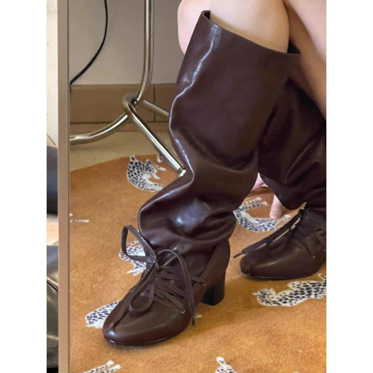 香港覆古绑带新款小众设计感裤筒靴粗跟厚底长靴不过膝尖头系带骑