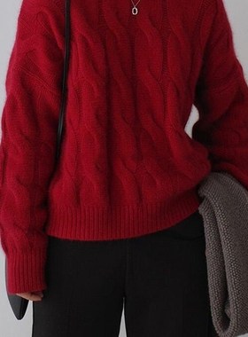 重磅~加厚圆领山羊绒衫女宽松套头绞花毛衣慵懒风软糯针织衫外穿