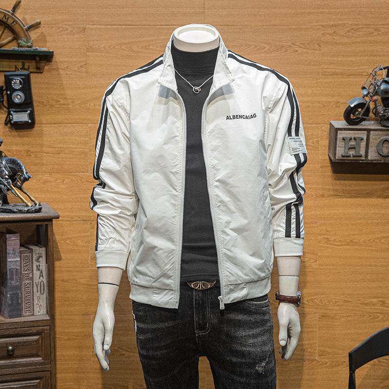 男士外套春秋季新款潮流修身运动休闲春装上衣服潮牌条纹立领夹克