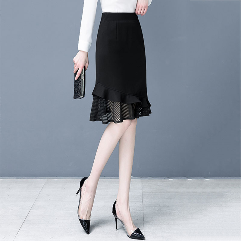黑色鱼尾半身裙女2023年新款荷叶边显瘦高腰一步裙蕾丝拼接包臀裙