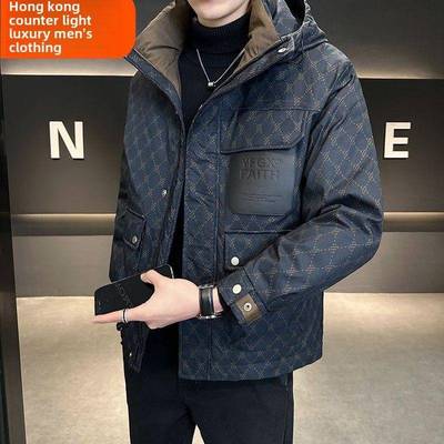 男士羽绒服冬季2025新款加厚连帽高端潮牌格子印花短款白鸭绒外套