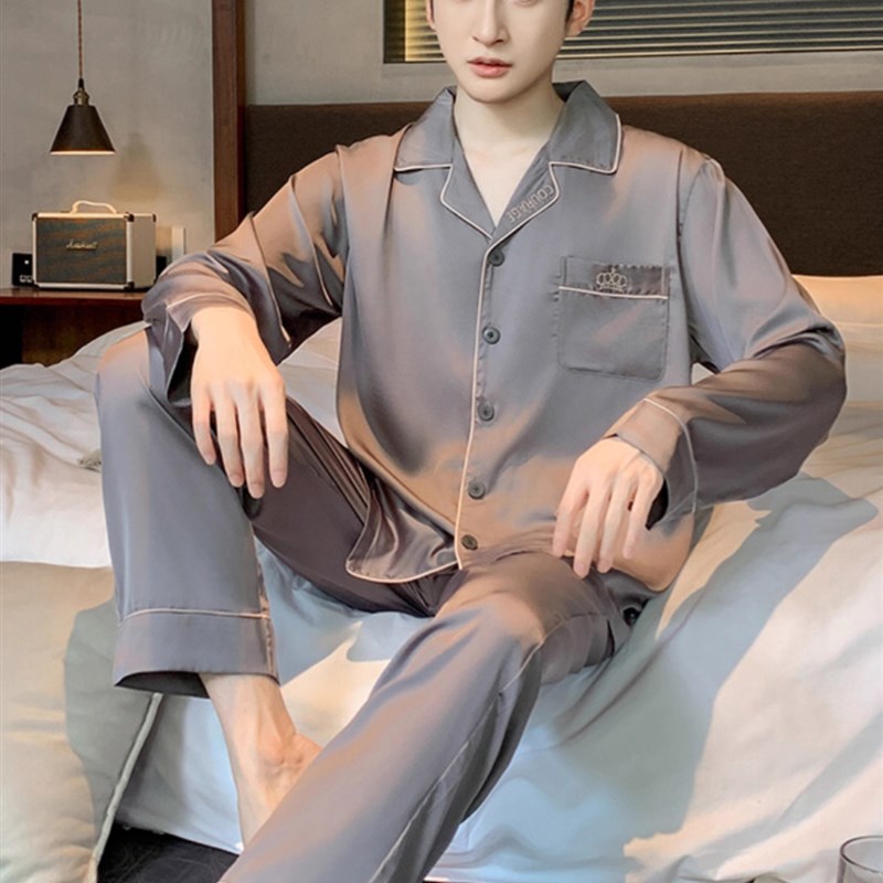 真丝睡衣男士款春秋季薄款长袖纯色休闲外穿家居服桑蚕丝凉感套装