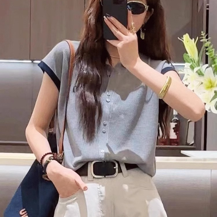 短袖t恤女2025新款夏季薄款休闲宽松舒适冰丝针织衫Polo领上衣女