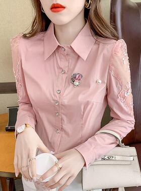 香港TIMO春季女刺绣衬衣洋气花边拼接上衣镂空设计感纯色长袖小衫