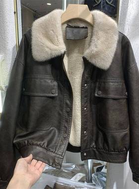 韩国冬季加绒皮衣外套女装皮机车夹克獭兔毛内里派克服短款上衣潮