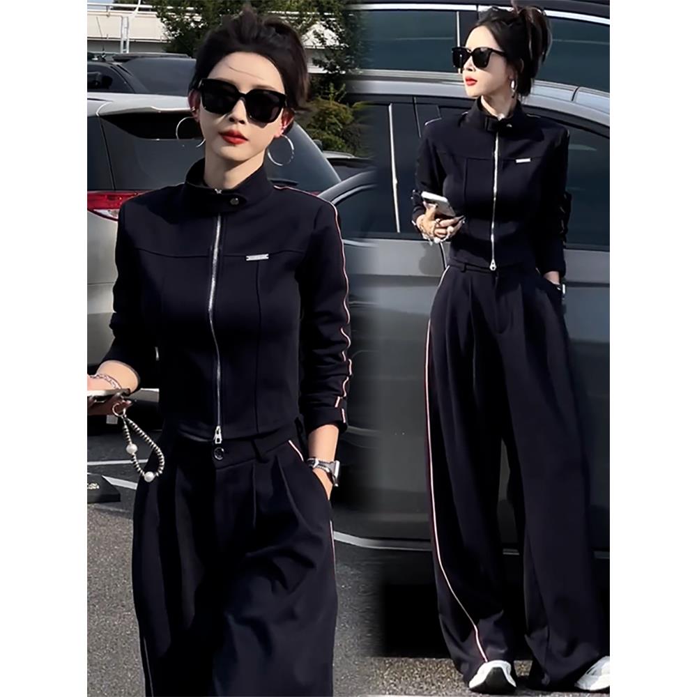 香港代购运动服套装女秋季新款收腰显瘦立领开衫外套阔腿裤两件套