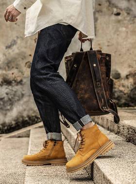 潮牌真皮马丁靴男侧拉炼内增高黄色工装鞋潮流英伦秋季厚底大黄靴