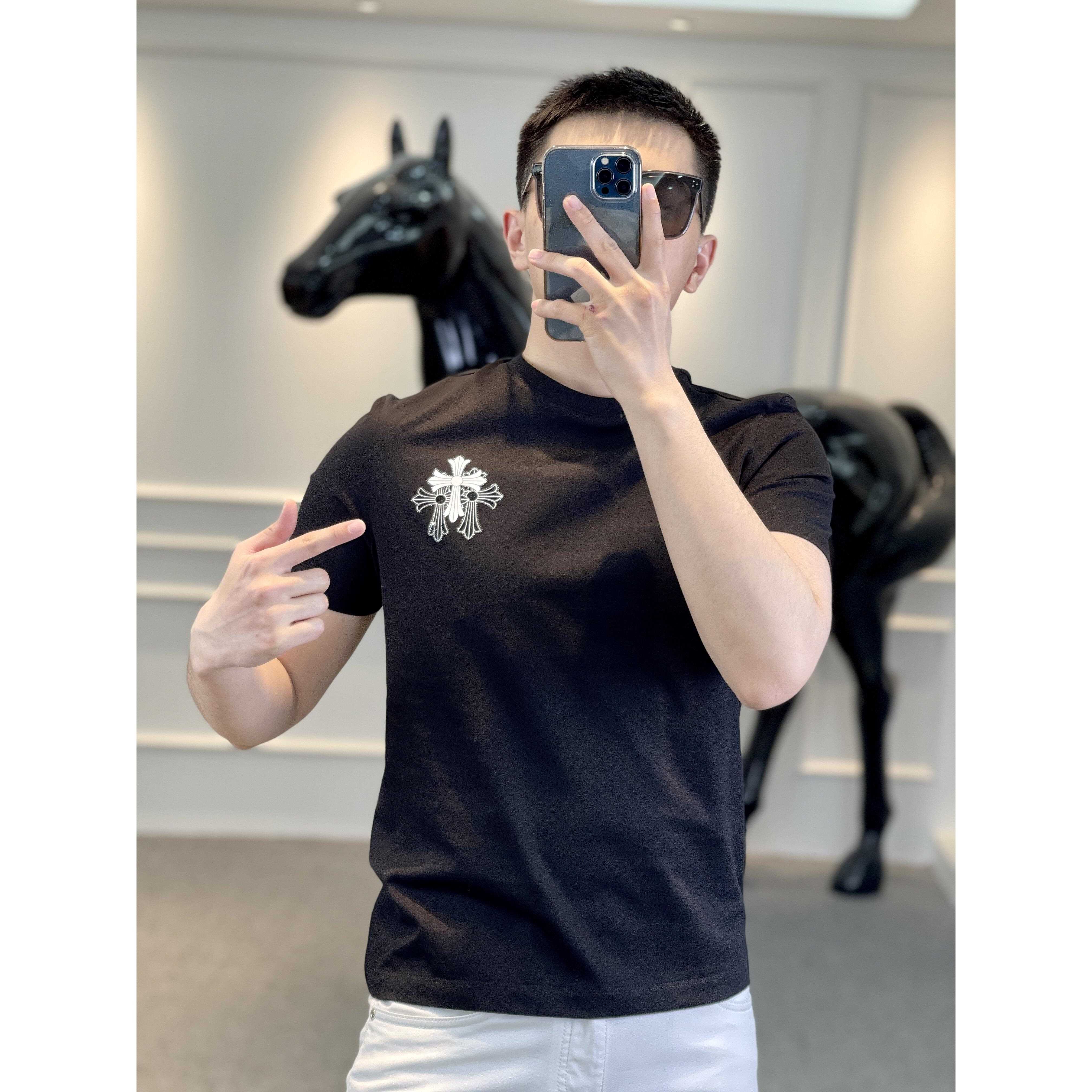 夏季新品欧货高端短袖圆领丝光棉T恤男士潮流修身刺绣冰丝半袖男