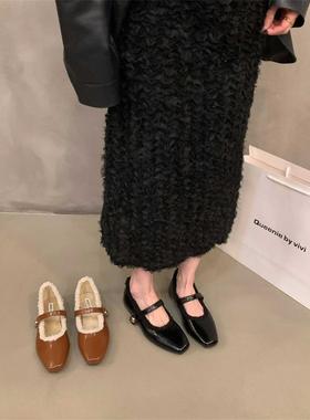 香港平底秋季加绒毛毛棉鞋单鞋女鞋子2025新款方头玛丽珍晚晚鞋