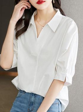 欧洲站白色简约V领衬衫女高级感轻奢2025新款春秋中袖纯棉上衣潮