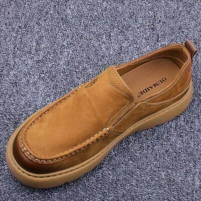 香港真皮男鞋一脚蹬懒人2026春季新款真皮复古豆豆鞋厚底休闲皮鞋