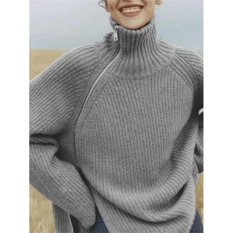 大表姐刘雯同款高领羊绒衫女慵懒风侧拉炼宽松羊毛针织衫加厚毛衣