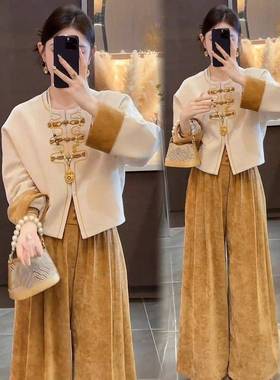 香港代购新中式时尚套装女秋季新款显瘦国风短外套阔腿裤两件套潮