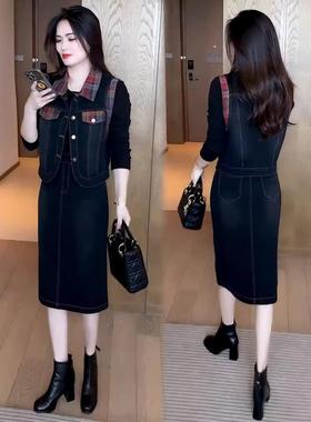 香港代购时尚牛仔套装裙女秋季新款时髦假两件连衣裙马甲两件套裙