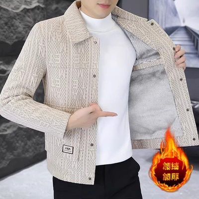 加绒加厚夹克男士秋冬季新款高级感潮流修身翻领休闲短款呢子外套
