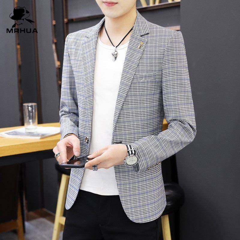 高端春秋季西服男士格子外套韩版修身潮流帅气单件上衣休闲小西装