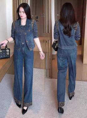 香港代购时尚套装女秋季新款显瘦减龄牛仔马甲阔腿裤休闲两件套潮
