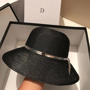 潮牌赫本防曬草帽女夏天出游度假沙灘帽防曬帽字母平檐遮陽小禮帽