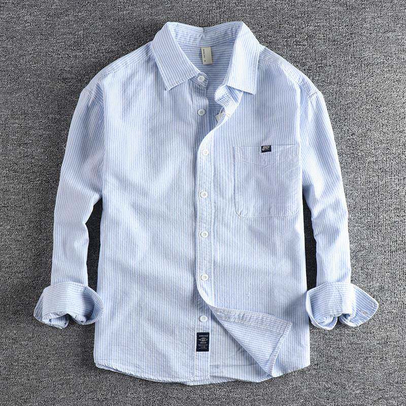 代购香港潮男春秋简约口袋休闲百搭修身衬衣复古男士条纹长袖衬衫