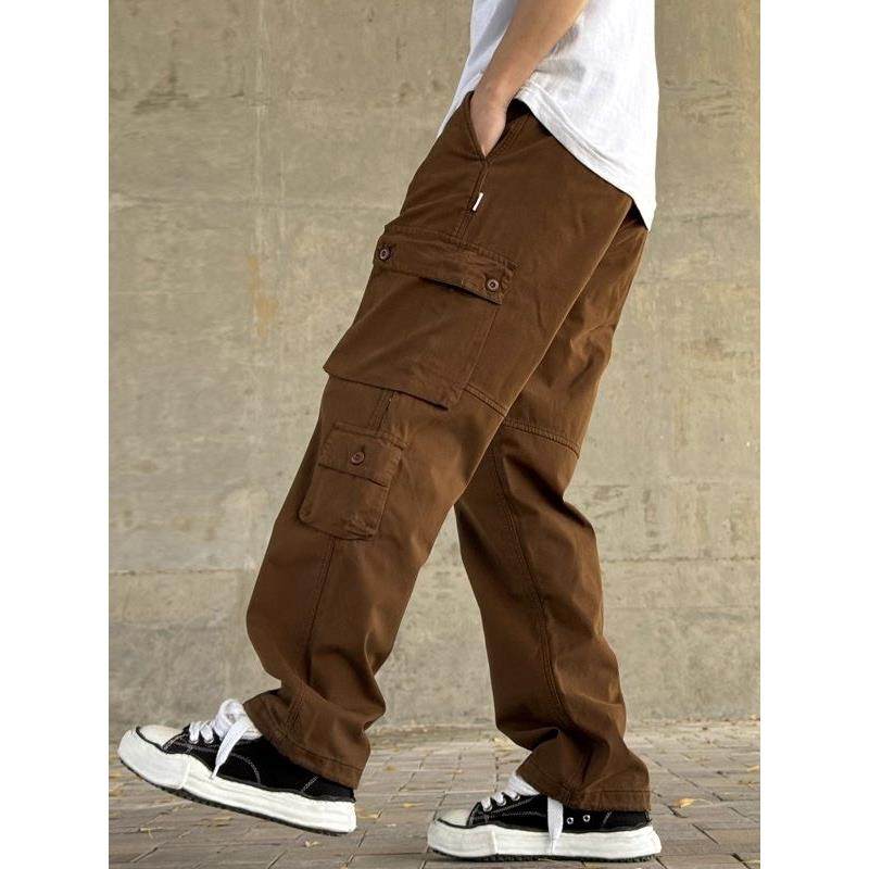 潮牌美式多口袋工装裤男秋季覆古重磅水洗宽松直筒大码男士休闲裤