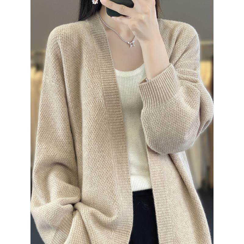 春秋款慵懒风V领中长款羊绒开衫女宽松显瘦外套羊毛针织毛衣外搭