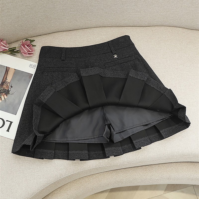 灰色高腰毛呢百褶半身裙女2024新款秋冬款防走光裙裤呢子A字短裙