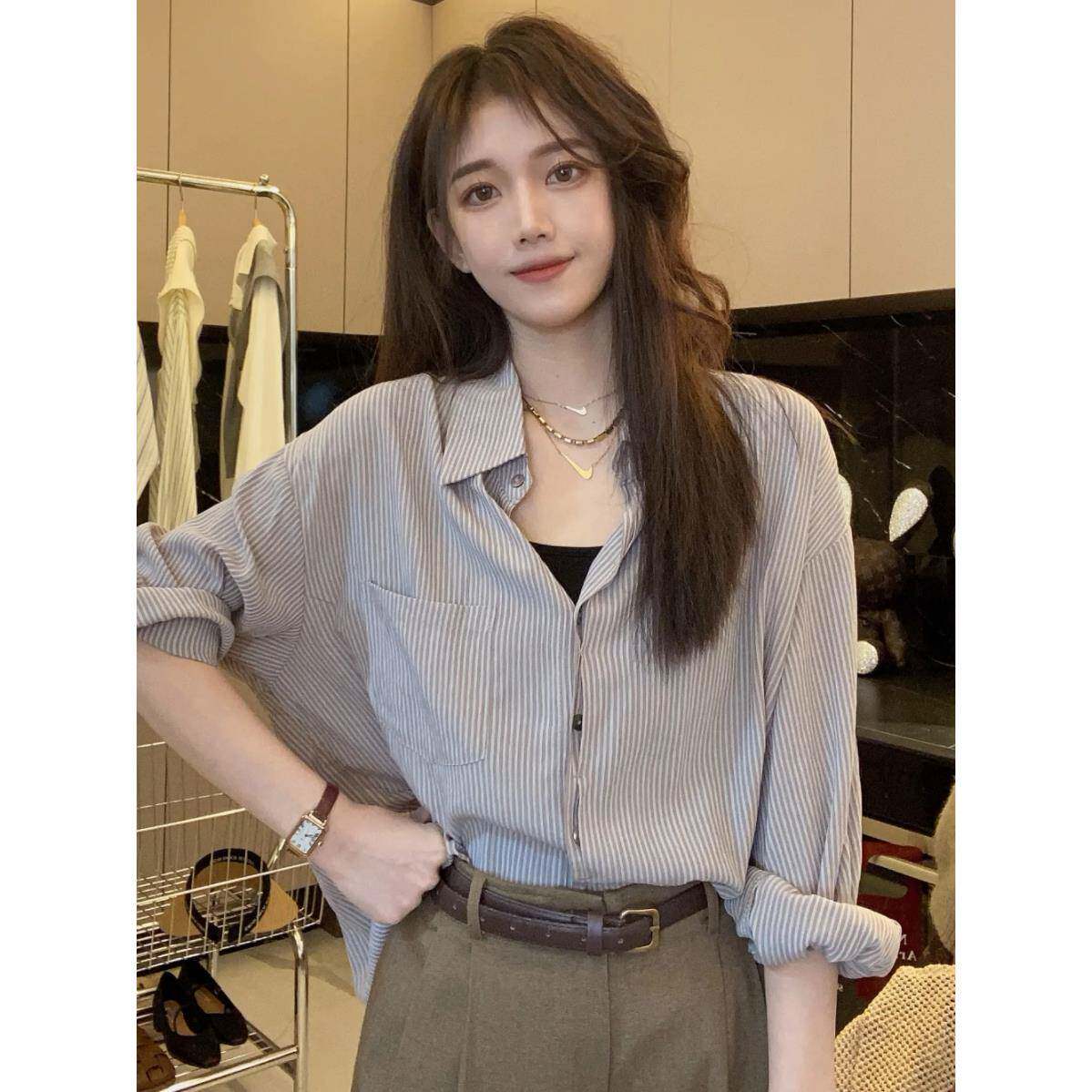 条纹衬衫女春秋2025新款覆古港味设计感宽松慵懒休闲长袖上衣外套