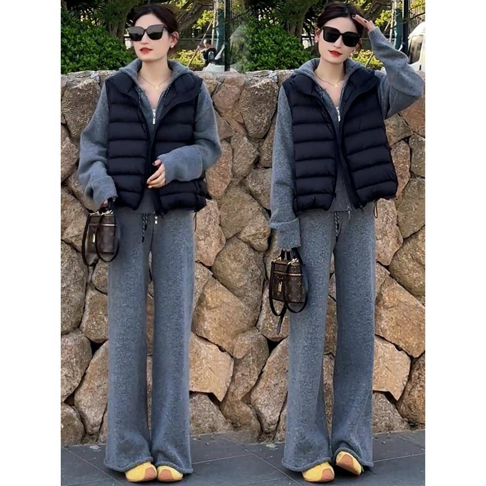 香港代购休闲运动套装女冬季新款羽绒棉马甲连帽上衣阔腿裤三件套