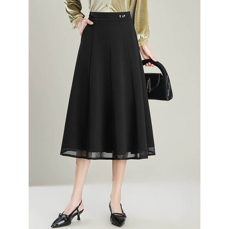 黑色半身裙女2025秋季中长款高腰显瘦遮肚a字裙百搭时尚大摆伞裙