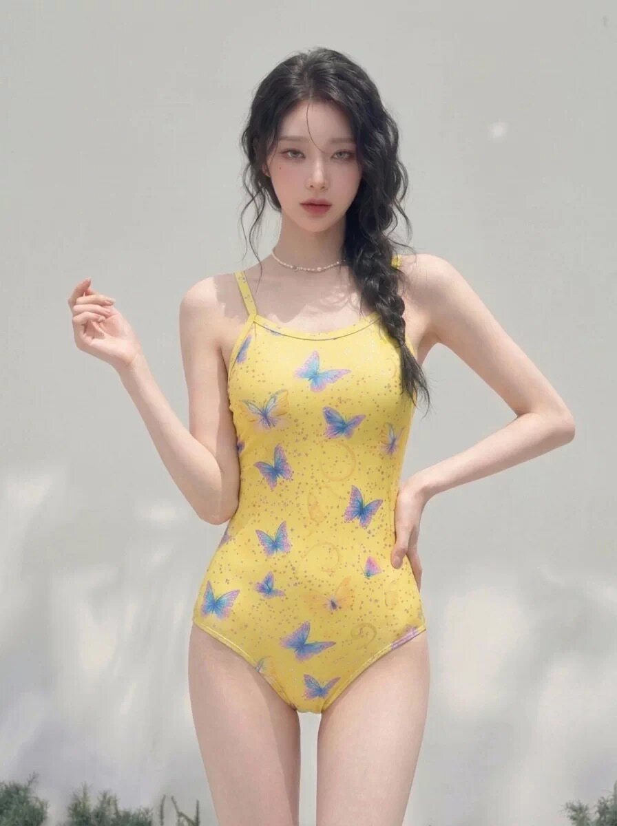 多巴胺风蝴蝶印花连体泳衣女黄色吊带专业竞速游泳衣D08