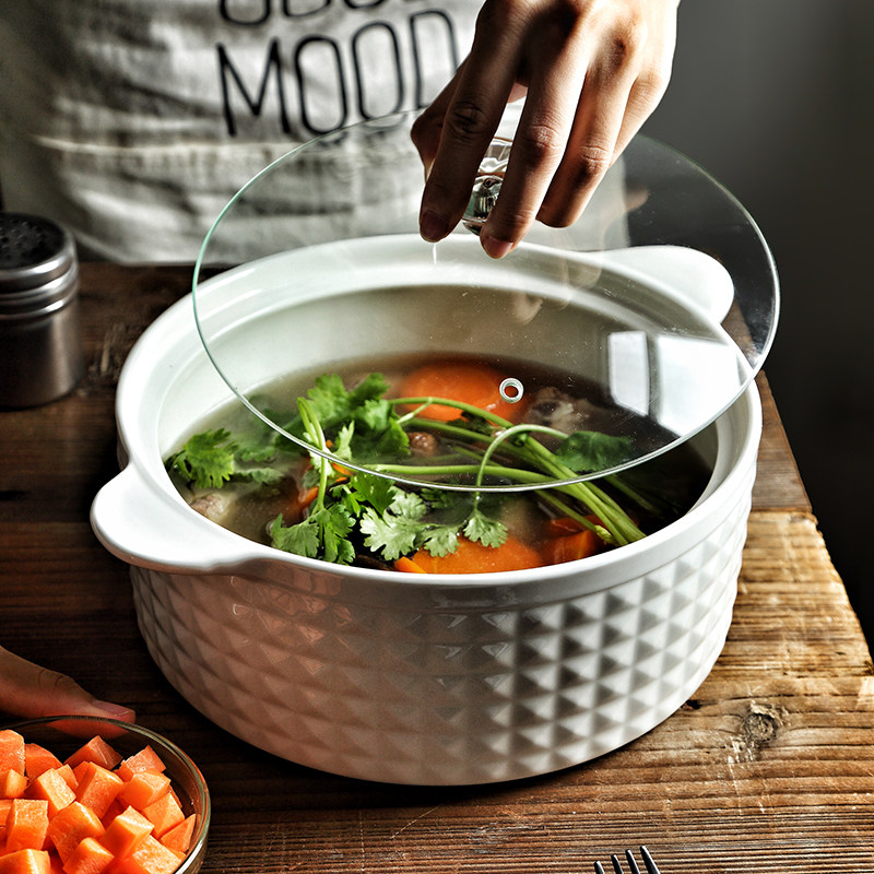 创意北欧风家用陶瓷汤盆大号 带盖双耳微波炉汤碗汤窝包邮送大勺,餐饮具,碗,淘宝优惠券,粉丝福利购,淘宝优惠卷