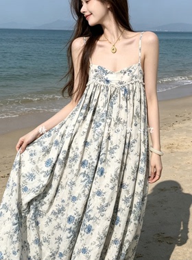 糖与盐FLORET 仙女风碎花复古吊带连衣裙女新款蓝色桔梗蓬蓬裙