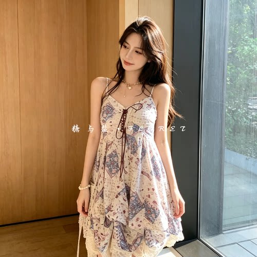 糖与盐FLORET 蕾丝花苞绑带吊带裙女夏季新款小众复古碎花学院风