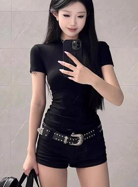 皮带辣妹女款铆钉金属扣炫酷千禧风美式复古重工朋克黑色腰带y2k