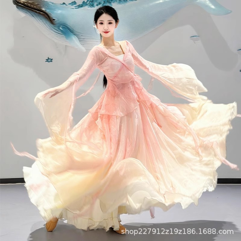 新款古典练功服春颂飘逸仙气中国舞蹈渐变色纱衣大裙摆演出服套装