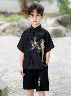 男童汉服套装国风刺绣马褂背心儿童新中式主持演出服花童周岁礼服