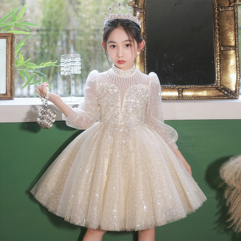女童礼服轻奢小众钢琴演出服儿童生日公主裙长袖主持人花童婚礼裙