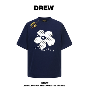 drew美式 T恤男女情侣宽松纯棉上衣ins 复古小众设计感波点花朵短袖