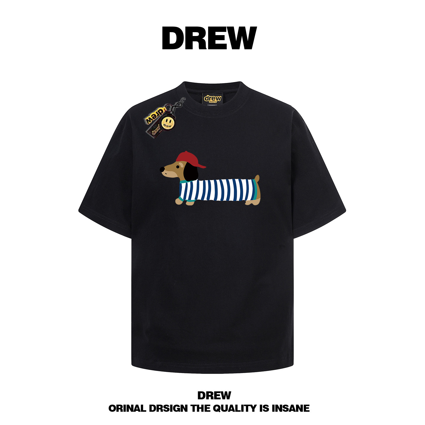 drew美式潮牌卡通腊肠狗印花短袖T恤男女情侣宽松纯棉半袖上衣INS
