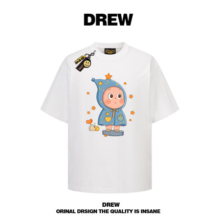 drew美式潮牌星星人卡通印花短袖T恤男女宽松夏季纯棉情侣半袖ins