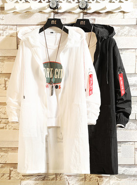 夏季防晒衣服男士中长款连帽韩版宽松风衣白色披风夏天外套超薄款