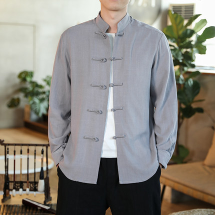 中式复古唐装衬衫男士亚麻古装汉服休闲中山装茶服禅服晨练太极服