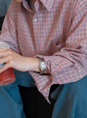 日系复古细格子长袖衬衫外套男女宽松街头港风慵懒风粉色夹克开衫